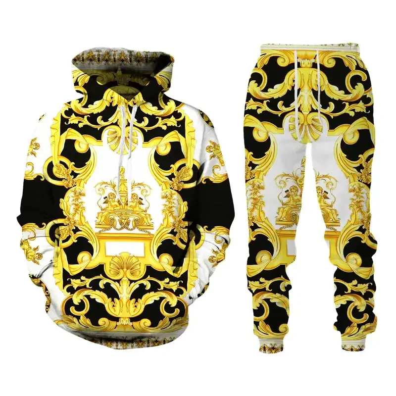 Men\'s Hoodie Set New Style Sweatsuit 3D Printed Crown Golden Chain Hoodie Sweatsuit Casual Men Pullover Oversize Tracksuit Set