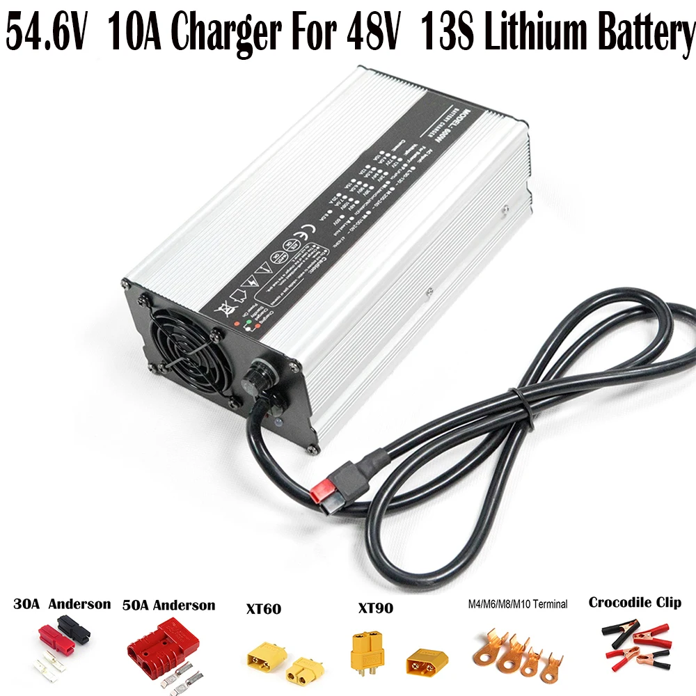 54.6V 10A / 48V 10 Amp Battery Charger for 48V Li-ion Battery for 13S 48 Volt Lithium Batteries Fast Charge with 3 Pin XLR Plug