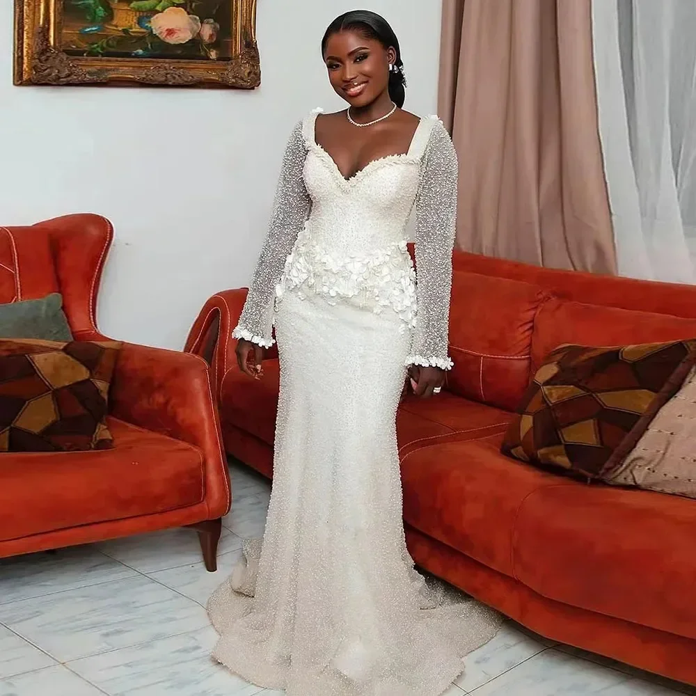 

Customized Sweetheart Sparkly Beads Sequins Wedding Dresses Robe De Mariée Long Sleeves African Luxury Bridal Gown