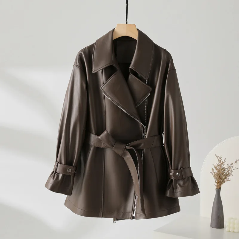 Women's Genuine Sheepskin Leather Windbreaker Mid-Length Casual Motorcycle Jacket Haining Style Coa
