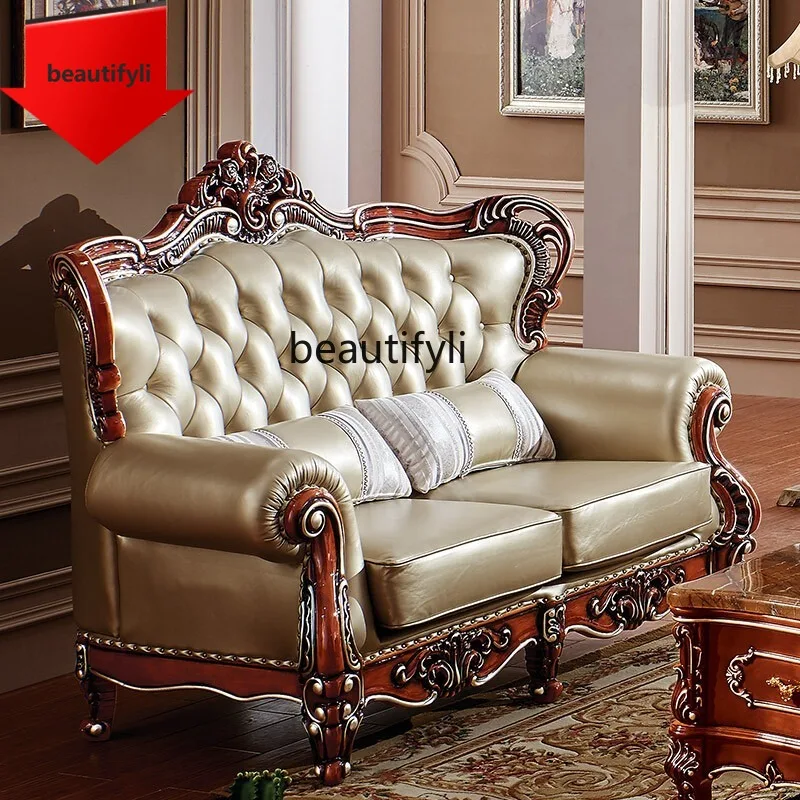 

European high-end sofa solid wood oak carved leather sofa combination living room sofa