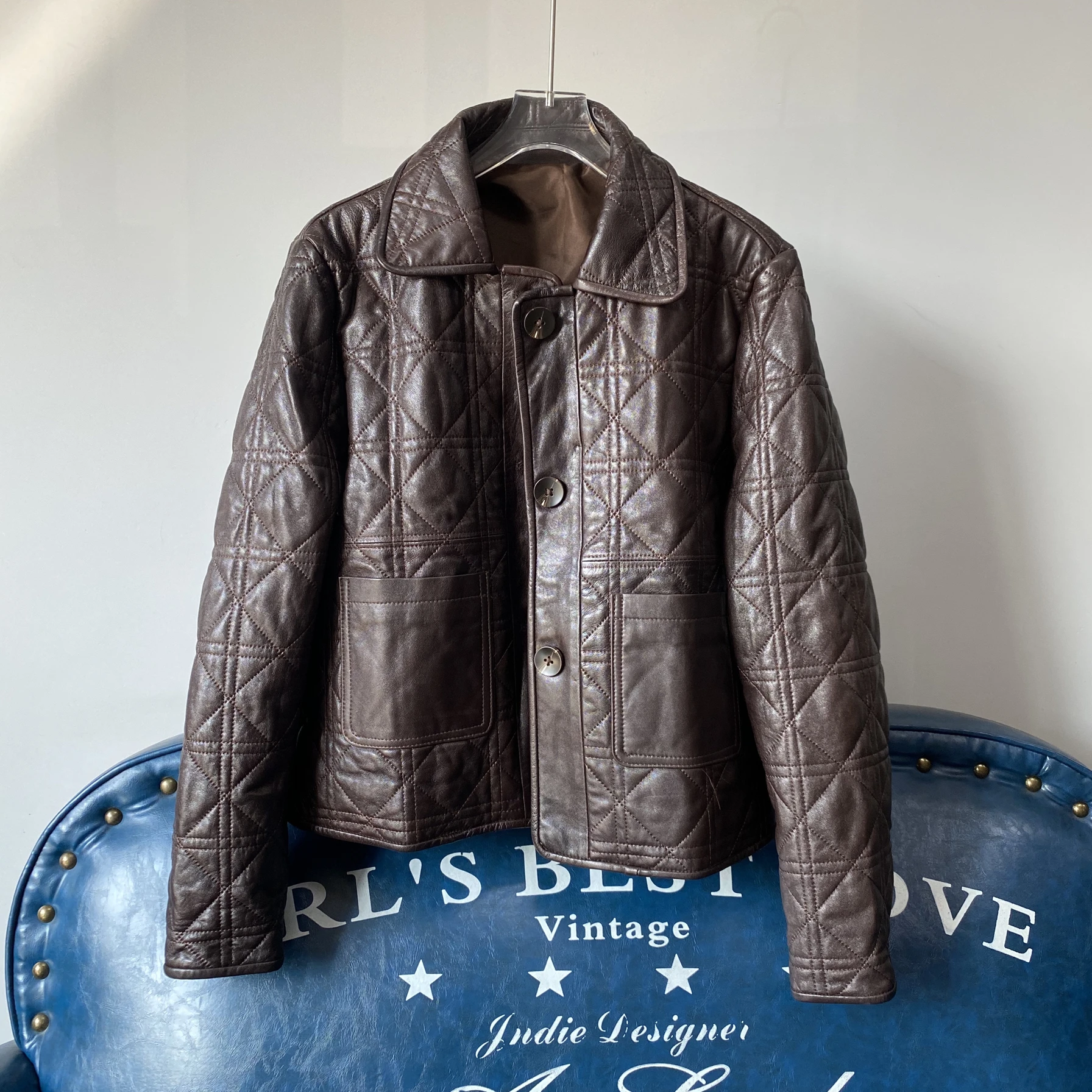 2024 Haifeng Nowa Damska Kurtka ze Skóry Naturalnej z Wzorem Diamentowym, Uniwersalna, Modna, z Wypełnieniem Bawełnianym, Płaszcz ze Skóry Bydlęcej