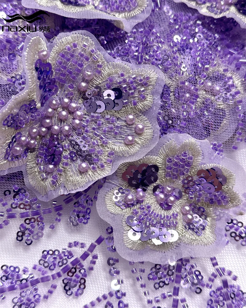 

Madison Nigerian Sequin Lace Fabric Luxury 3D Flower French Embroidered Heavy Beaded Lace Fabric African for Wedding Dress