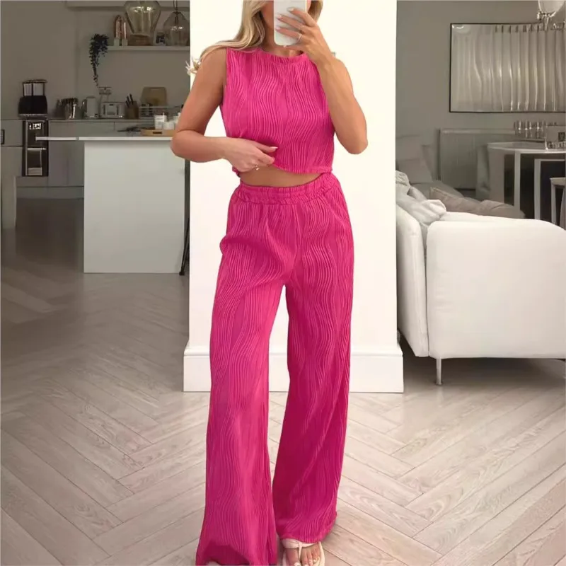 

Women's Striped Two Piece Set Casual O-Neck Tank Top Straight Leg Trouser Set New Summer Solid Fashion 2pcs Sets Outfits Female