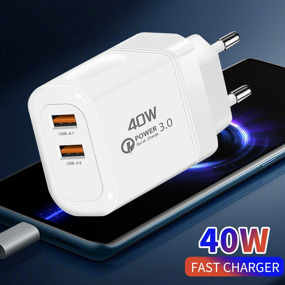 Total 40W USB Charger Quick Charge EU US Plug Fast USB QC 3.0 Charger for iPhone 15 14 13 12 Xiaomi Samsung