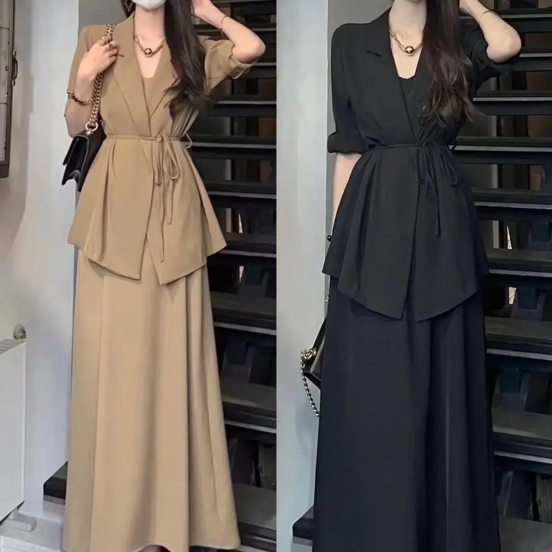 Vestido de cintura emagrecedor, estilo perfumado pequeno, nova moda, primavera e verão, conjunto de 2 peças, 2022