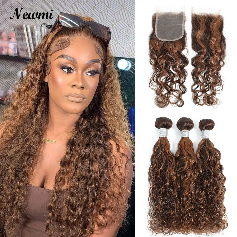 Highlight P4/30 Water Wave Transparent Lace Closure With 3 or 4 Bundles Newmi Wet and Wavy Human Hair With Deep Curly End