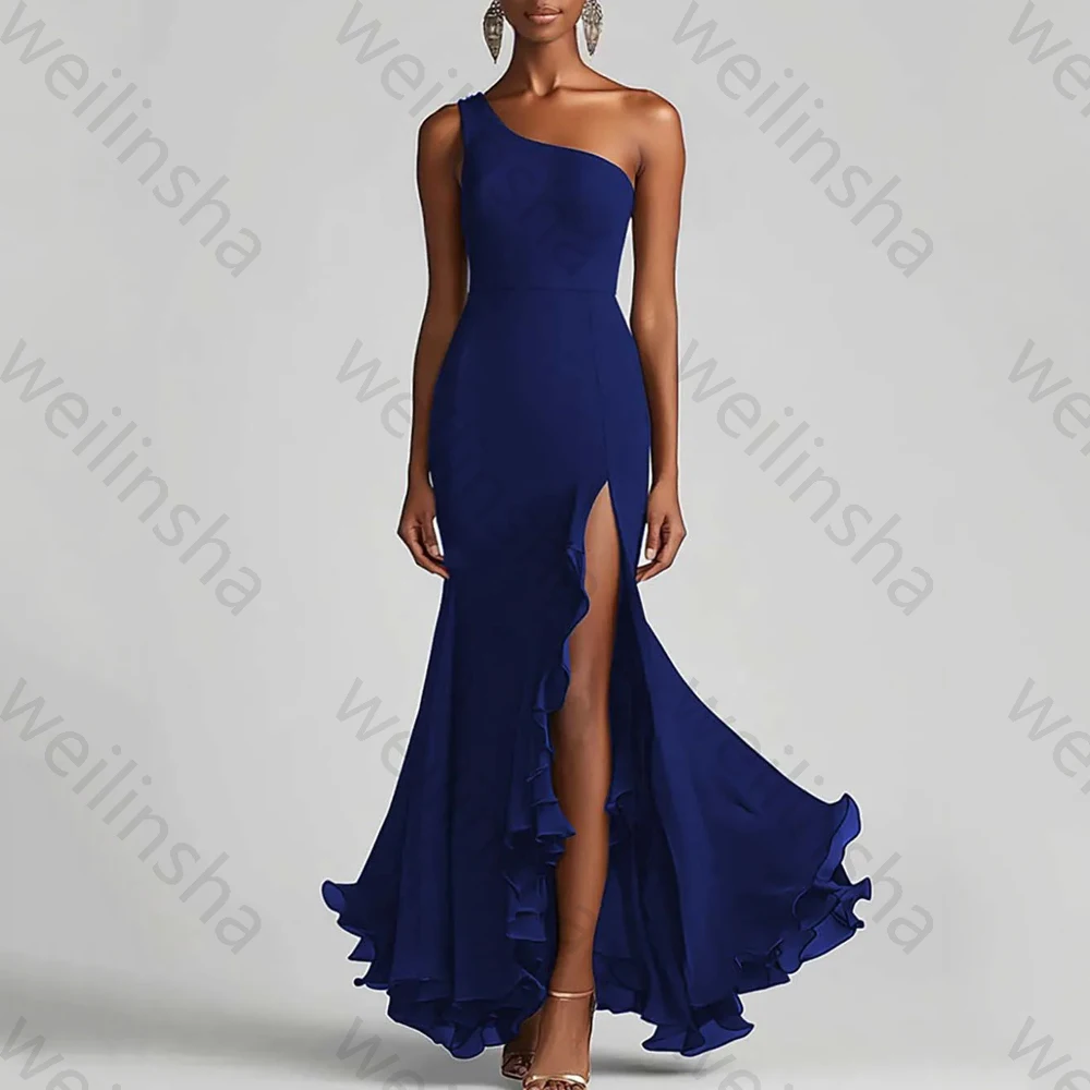 Zeemeermin een schouder chiffon avondjurken mouwloze ruches lange jurk prachtige hoge kwaliteit sexy prom feestjurk op maat