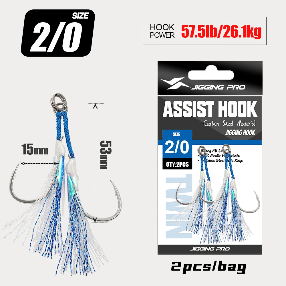 JIGGING PRO 1/0 2/0 3/0 4/0 Doppel-Assist-Haken für Jigging-Köder, Doppel-BKK-Haken, Metall-Jig, Meeresangelzubehör