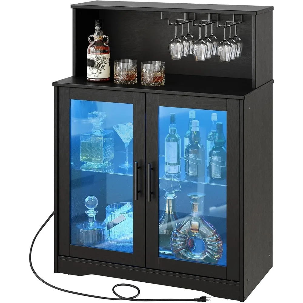 Wine Bar Cabinet with LED Light, Home Coffee Cabinet with Wine & Glass Rack, Freestanding Liquor Cabinet with Power