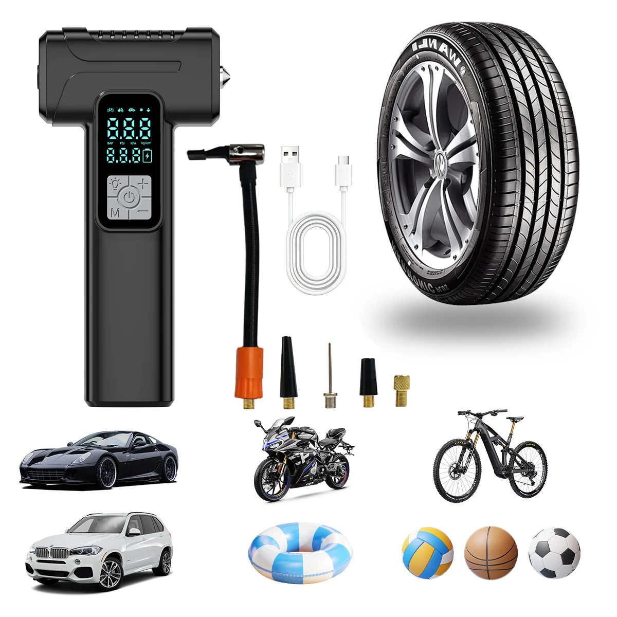 Portable tire inflator air compressor, cordless electric pump, with LED light, USB charging, lithium battery portable design,