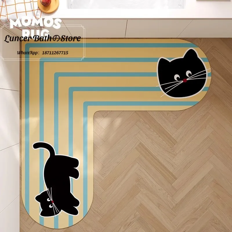 Retro baby elephant L-shaped kitchen special corner floor mat Diatom mud non-slip water-absorbing quick-drying floor mat