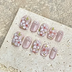 10szt Pink Short Square Head Fake Nails 3D Peach Flower Cat Eye Design Cute Full Cover Nail Tips Wearable Handmade Press on Nails