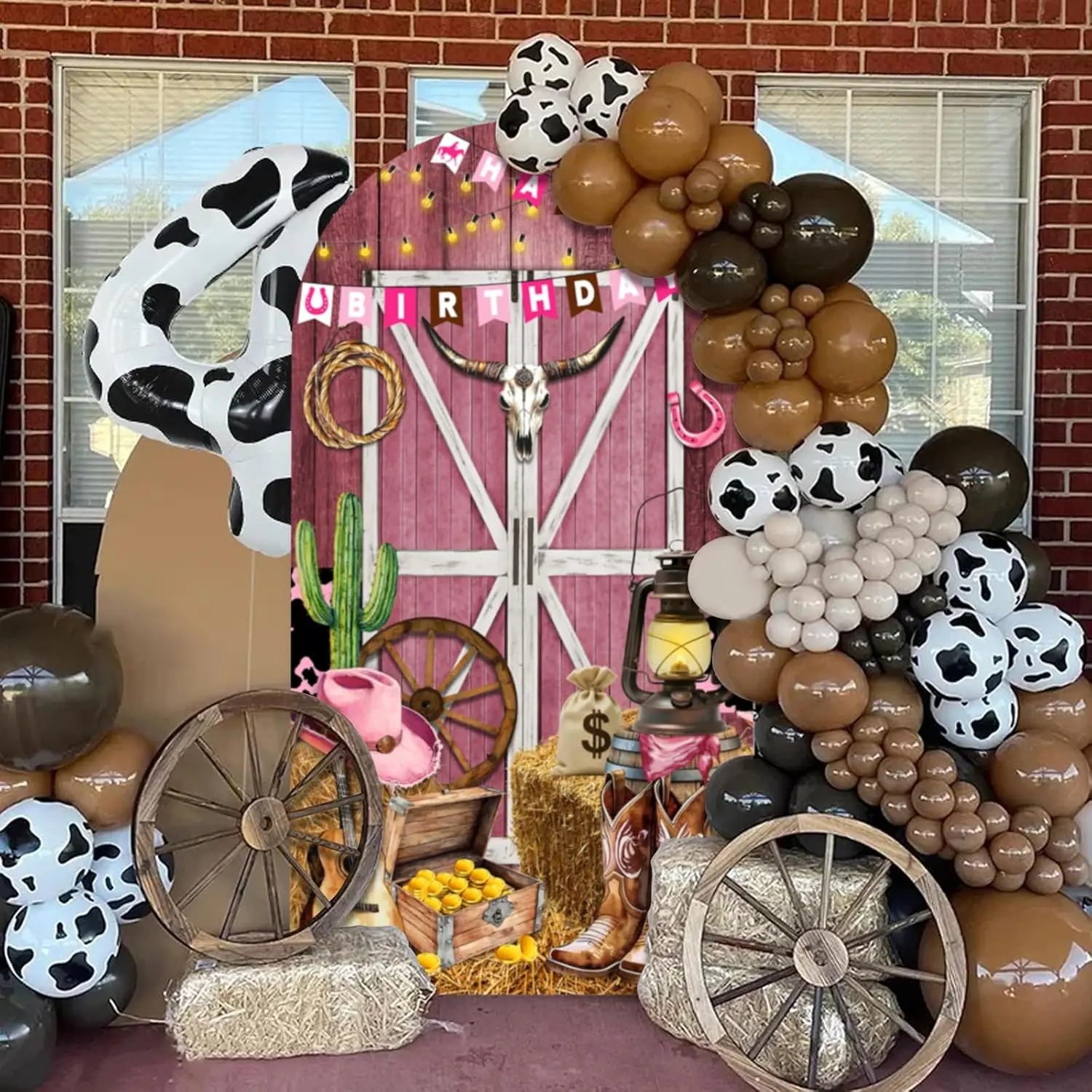 Custom 2-sided Western Cowgirl Arch Backdrop Cover Wild Pink Rustic Wooden House Kids Birthday Cake Table Background Supplies