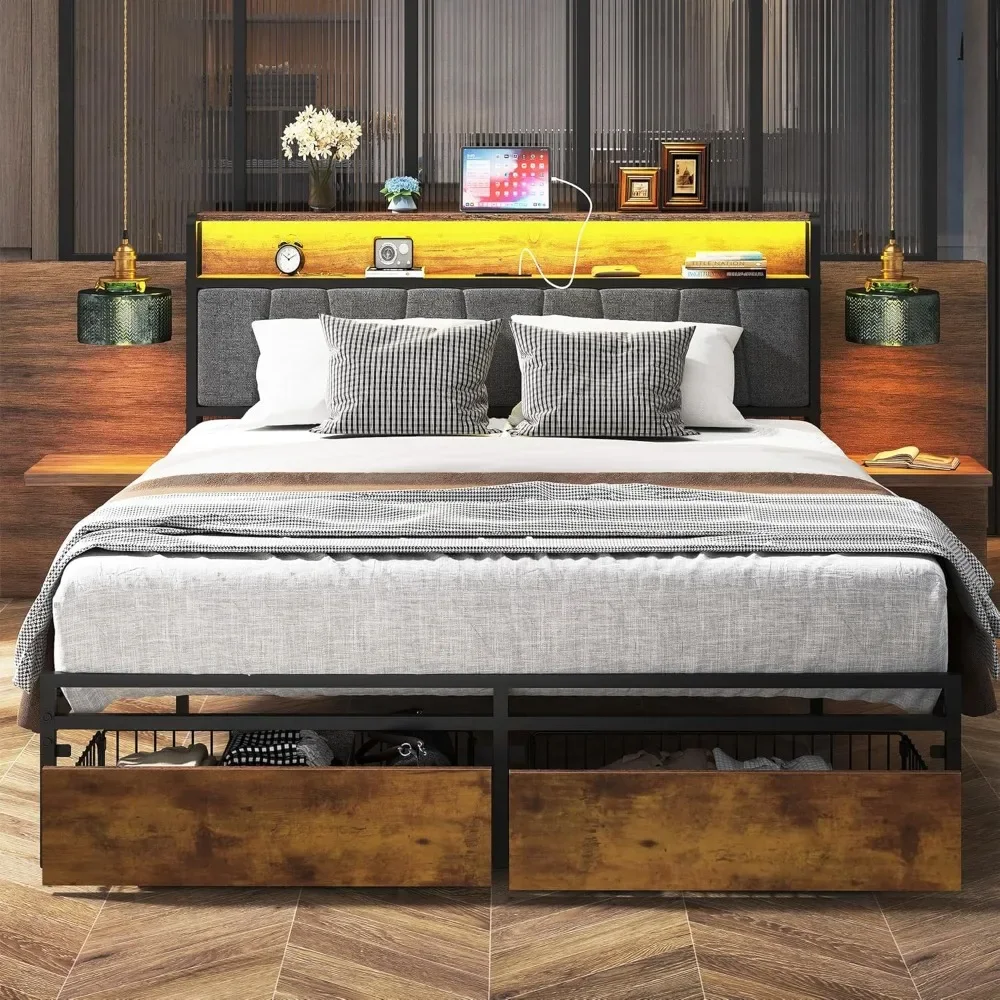 

Queen Bed Frame with Headboard and Charging Station, Black Metal Beds with Storage Drawers