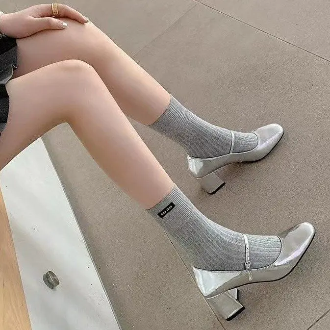 High Heels Women Chunky Silver Single Shoes 2024 New Spring Line Button Mary Jane Women's Shoes