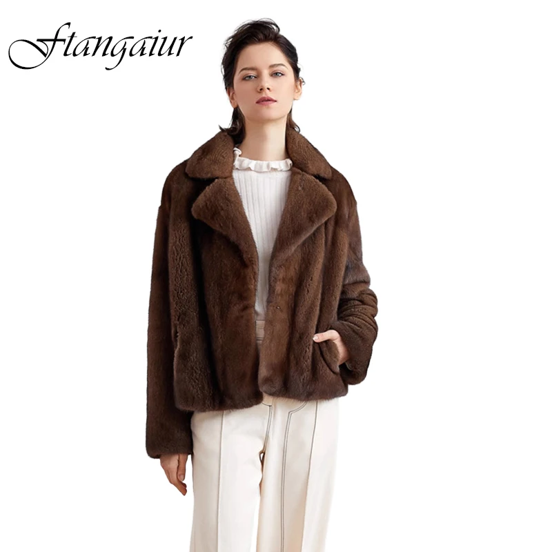 

Зимняя импортная шуба из натурального меха норки Ftangaiur, короткая, с отложным воротником, мягкая, однотонная, для женщин