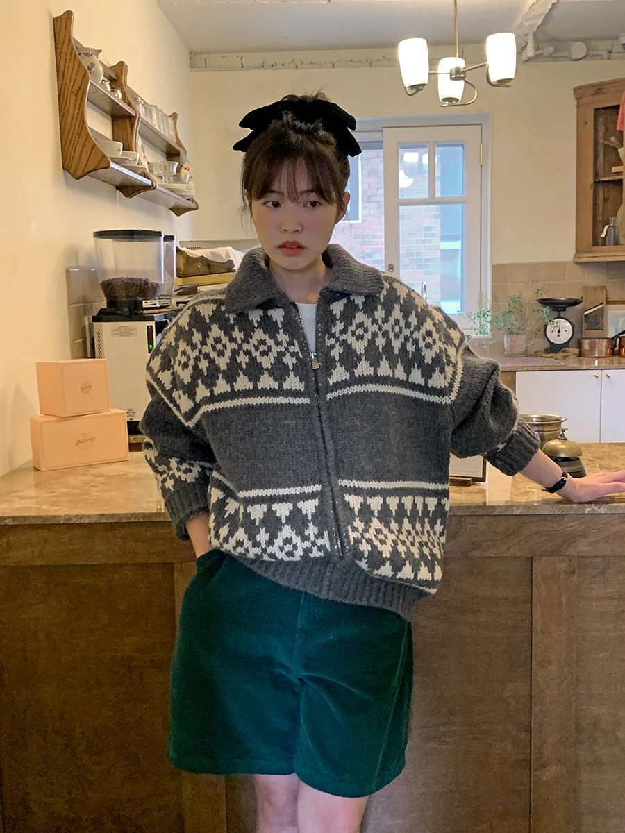 

Корейская шикарная зимняя женская одежда, винтажные куртки-кардиганы Sueter Mujer, повседневный модный вязаный свитер с принтом, топы на молнии, Pull Femme