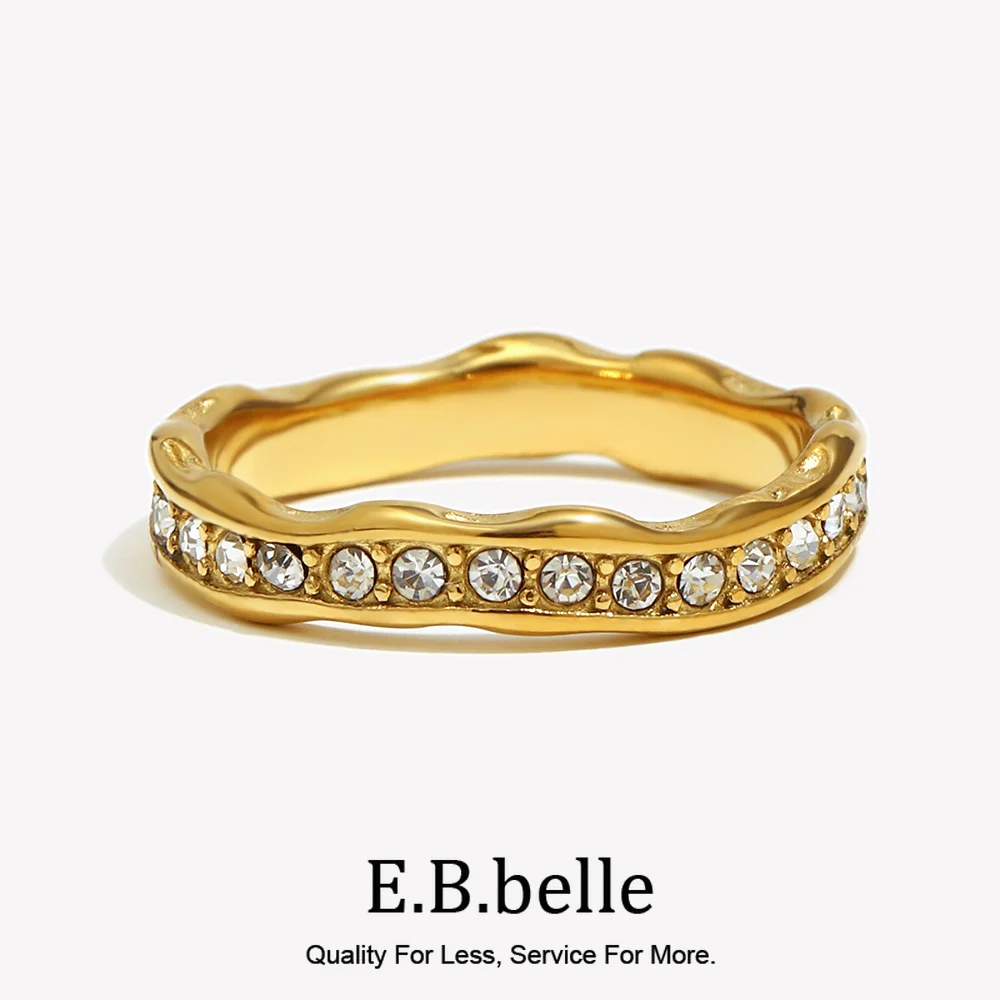E.B.belle Irregular Wave Pattern Ring Waterproof 18K Gold Plated Jewelry 316L Stainless Steel Decoration