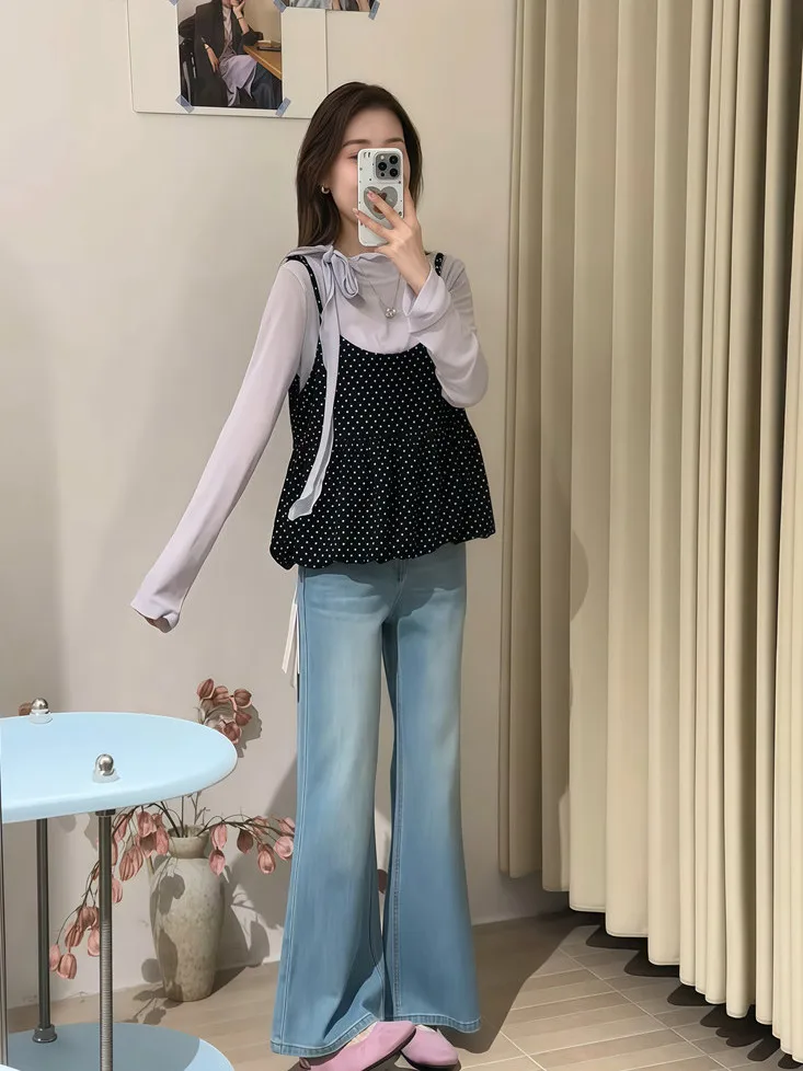 

Модный комплект из двух предметов: футболка с длинным рукавом и поясом для женщин, летний черный топ в горошек на бретелях, элегантный стиль, весна