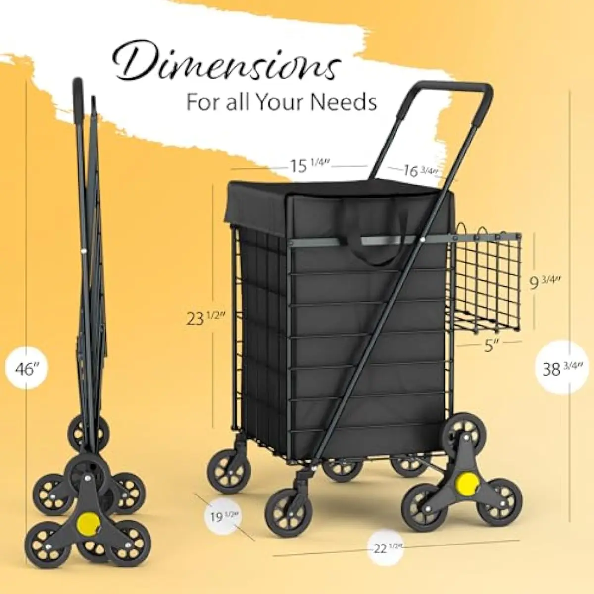 Stair-Climbing Utility Cart with 6-Rotating Rear Wheels & 2 Swivel Front Casters | Waterproof Liner Included | Foldable to 9 Inc