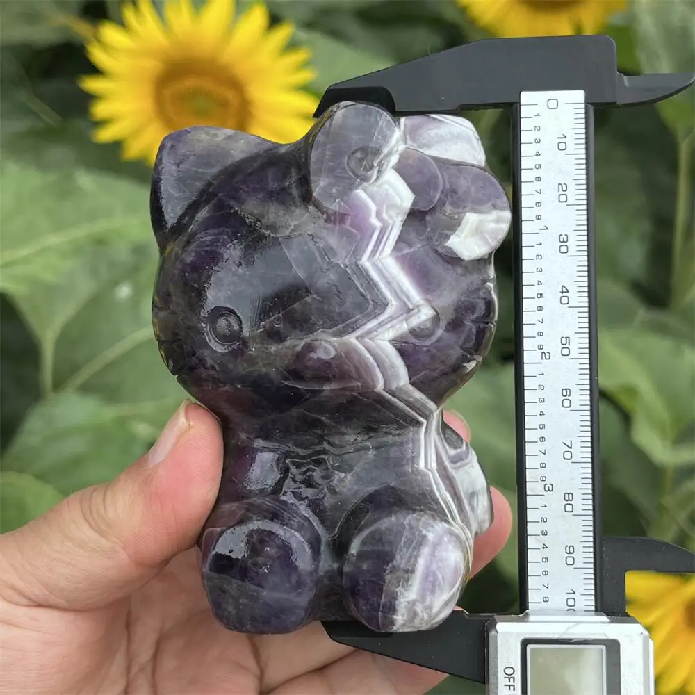

9.8cm Natural Crystal Dream Amethyst Hello Kitty Figurine Sanrio KT Cat Cartoon Carving Polished Healing Home Decor Craft Gift