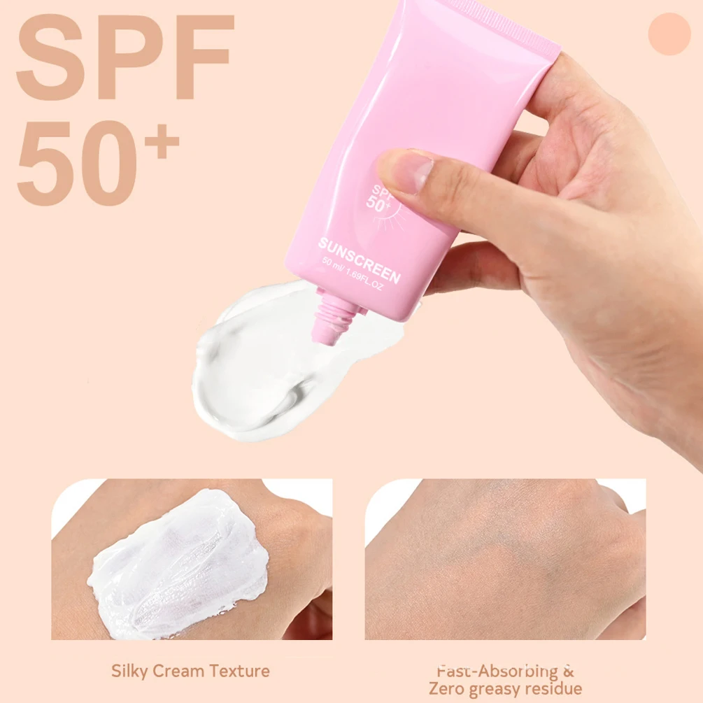 Private Label 50ml Sunscreen Custom Logo SPF50+ Moisturizing Hydrating Radiant Long-lasting Waterproof Makeup Vegan Pink Packag