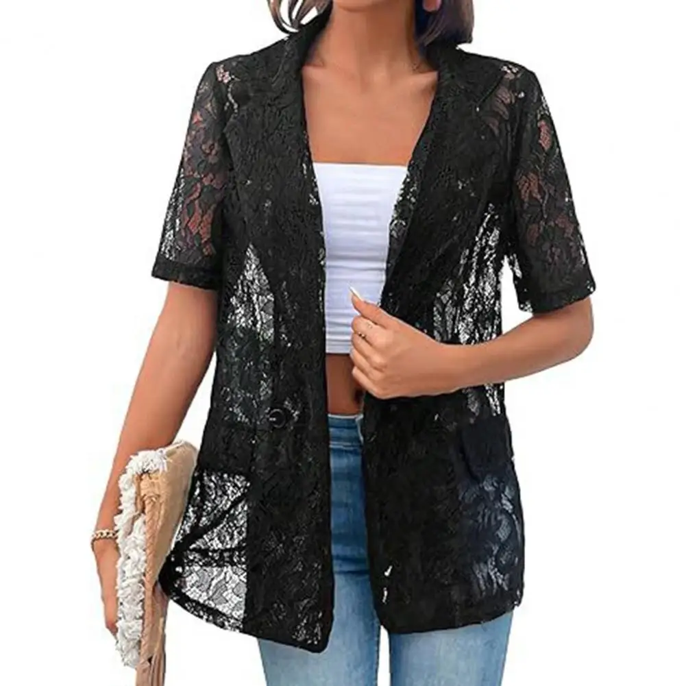 Floral Lace Jacket Elegant Lace Cardigan with Lapel Decorative Pockets Women's Short Sleeve Suit Coat Featuring See-through