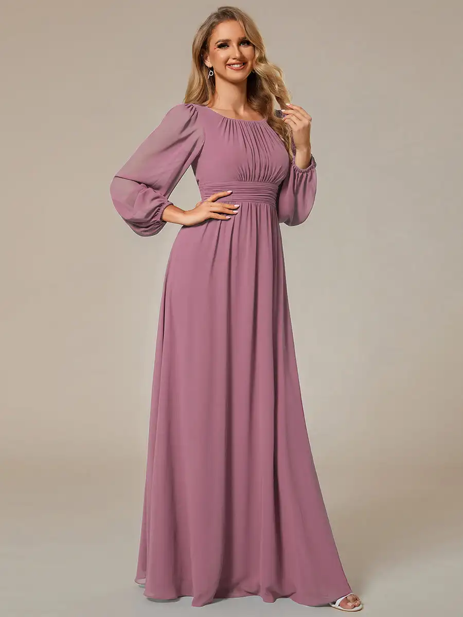 Elegant Evening Dresses Round Neck with Long Lantern Sleeves 2024 BAZIIINGAAA of A-line Orchid Bridesmaid Dresses