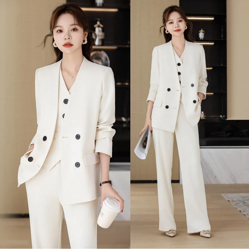 Apricot Suit2024Spring and Autumn Business Wear Temperament Business Formal Wear High-End Wide-Leg Pants Vest Suit