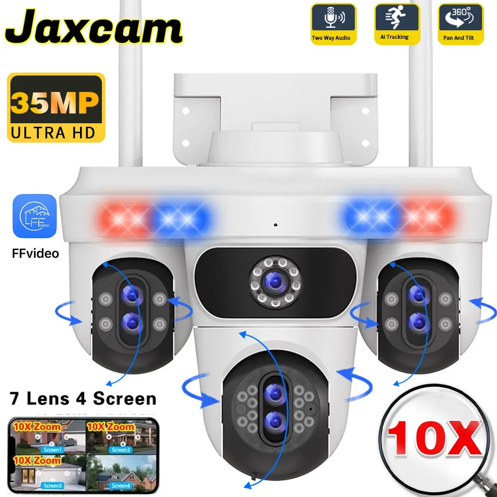 

Auto-Tracking PTZ Security Camera - 35MP 10X Zoom | Outdoor WiFi IP Camera W/ 4-Screen Display & 7-Lens CCTV Surveillance