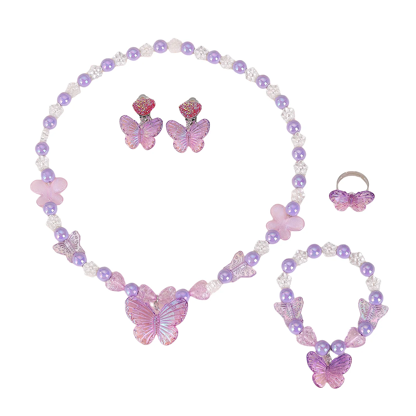 الأطفال فتاة الأميرة سوار اللؤلؤ والمجوهرات الكرتون فراشة سوار قلادة حلقة أقراط البدلة