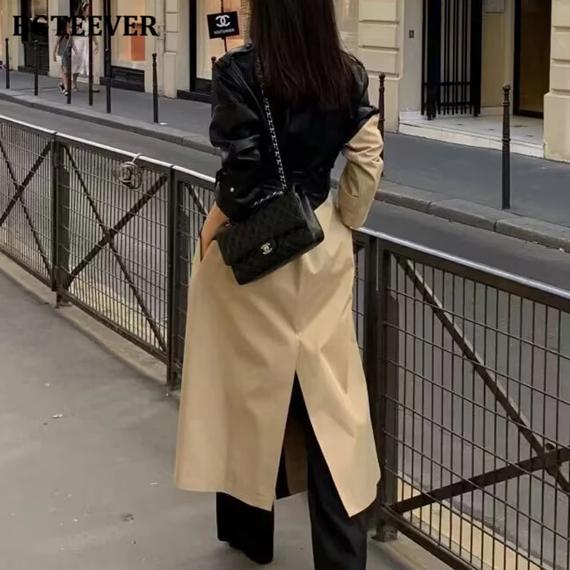 BGTEEVER Stylish Patchwork Women PU Leather Windbreaker Winter Long Sleeve Loose Lace-up Long Trench Coats for Women - view 5