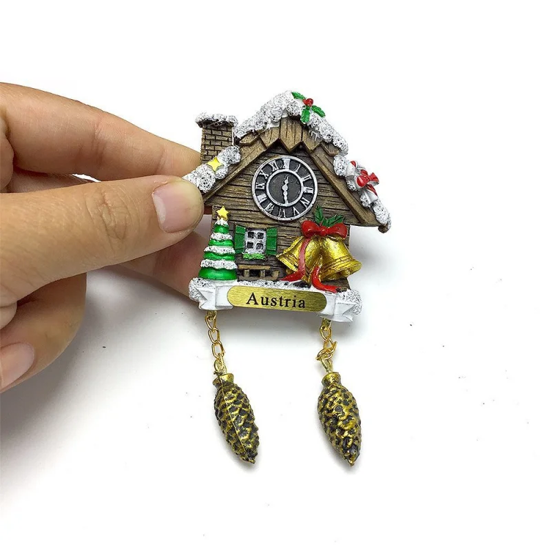

Austrian Cultural Creative Simulation German Cuckoo Clock Magnetic Fridge Magnet Snowy Wooden House Christmas Tree Bell