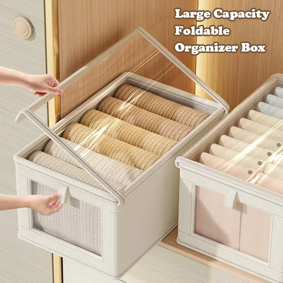 

1PC Oxford Cloth Storage Box With Transparent Lid Fabric Storage Box For Household Clothes Large Capacity Foldable Organizer Box