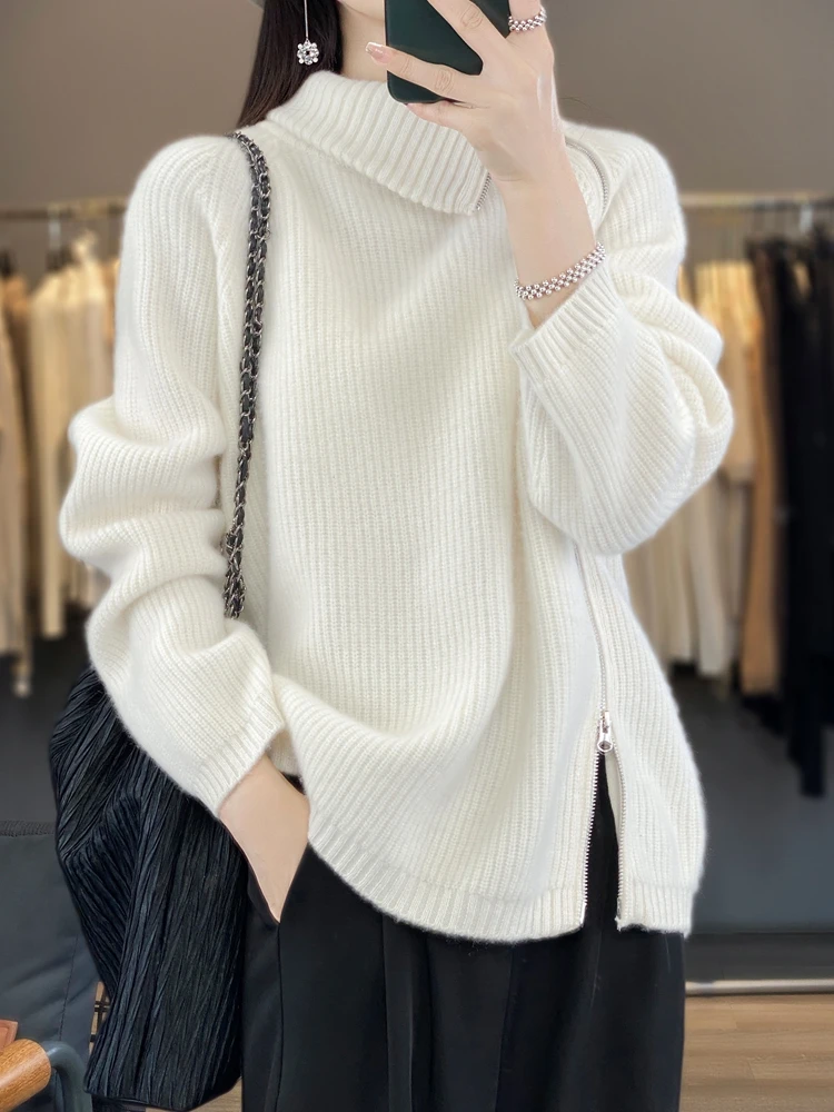 Women Turtleneck Zipper Cardigan Autumn Winter 100% Merino Wool Sweater Casual Thick Warm Cashmere Knitwear Korean Fashion Tops