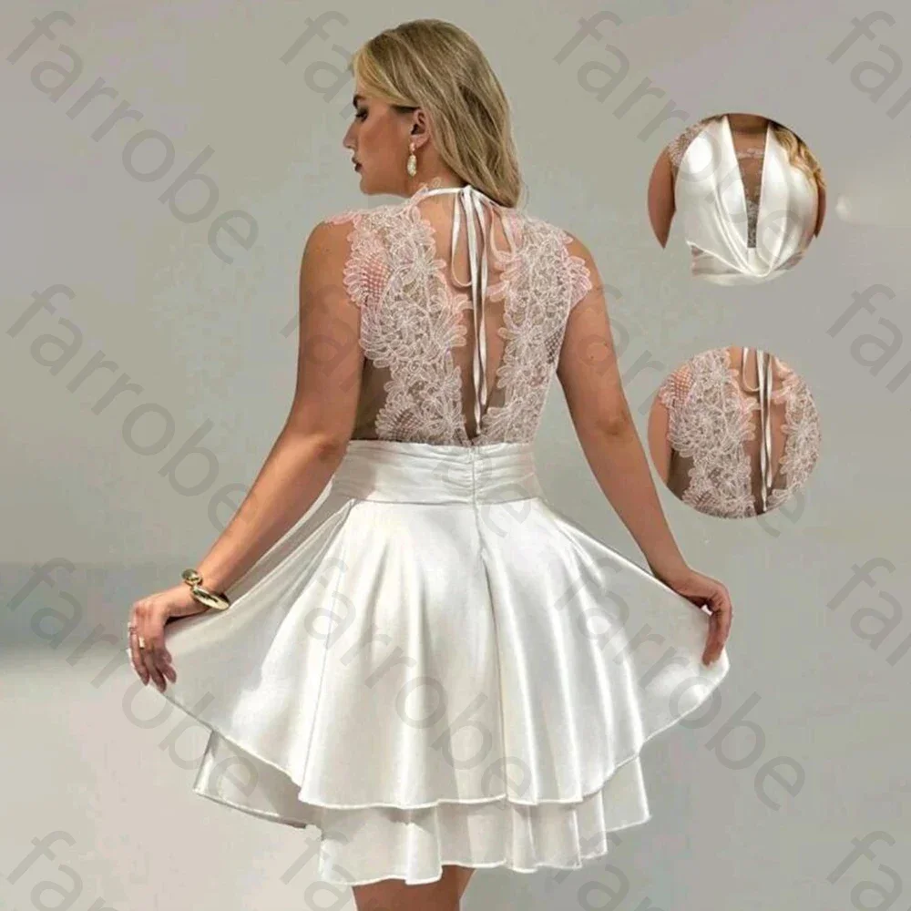 Customized Deep V Neck A Line Mini Satin Wedding Dress Cap Sleeve Lace Illusion Peplum Skirt Bridal Gowns for Women Sexy Party