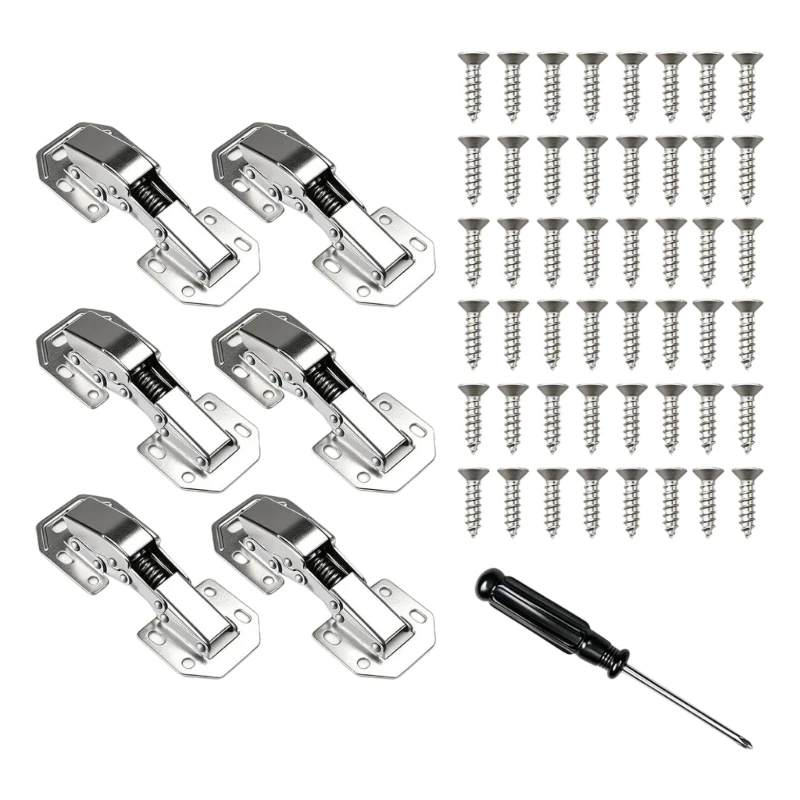 N5KC Cabinet Door Hinges Hardware Set with Soft Close Structure, 6 Pack Metal Mounting Components for 15-18 mm Boards with and