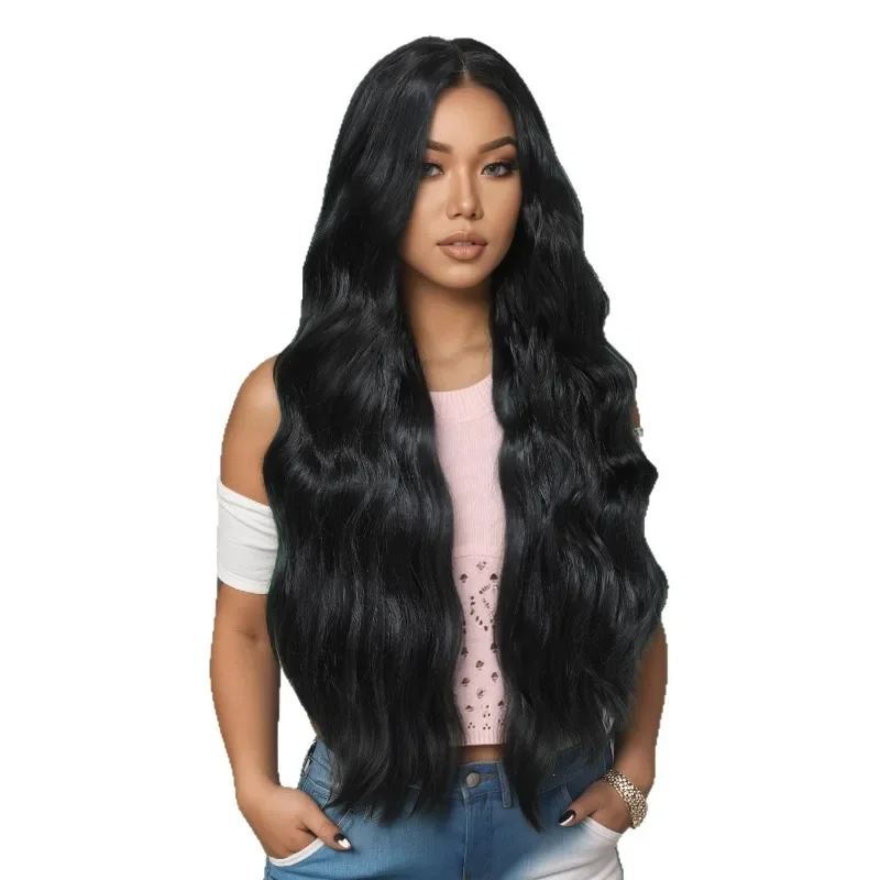 

European and American wigs female long hair big waves, long bangs pure black super long hair full headgear, matte high temperatu