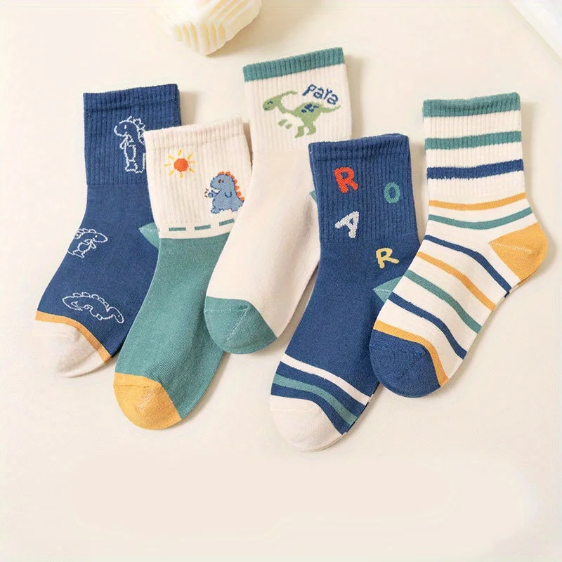 5 Pairs Children Dinosaur Socks Boys Soft Cotton Mid-Calf Socks Cute Cartoon Dino Kids Casual Socks