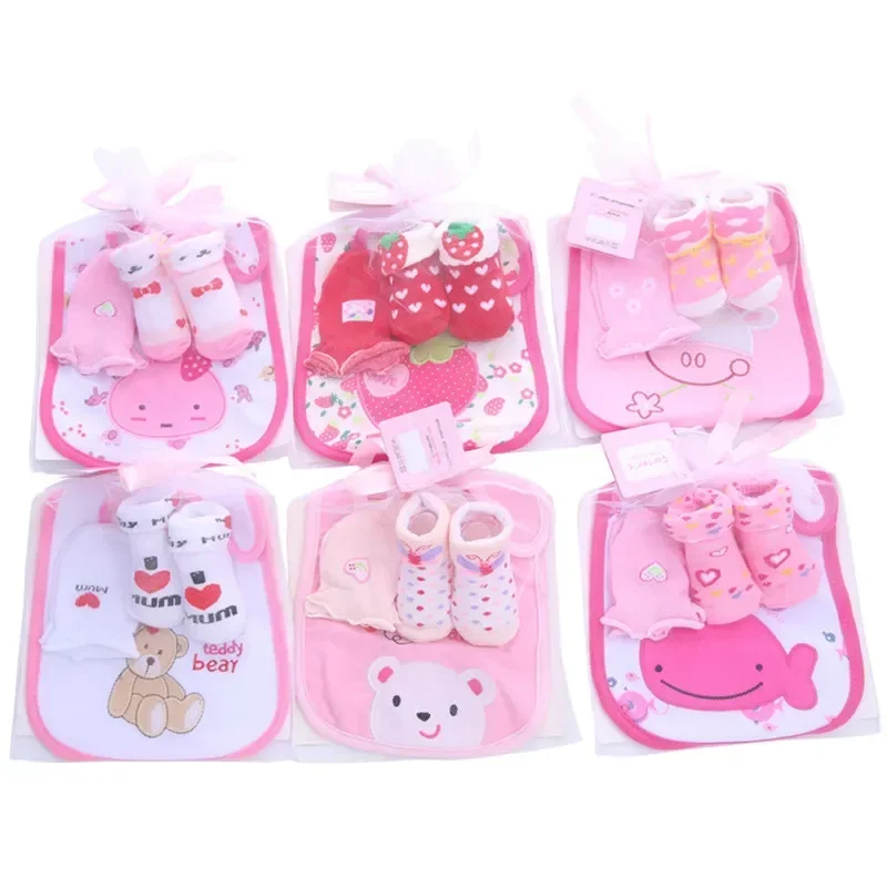 1 bag Baby Cotton Bibs Towel Socks Sets Newborn Kids Burp Cloths+Socks +Anti-scratch Gloves Boys Girls Christmas Birthday Gift