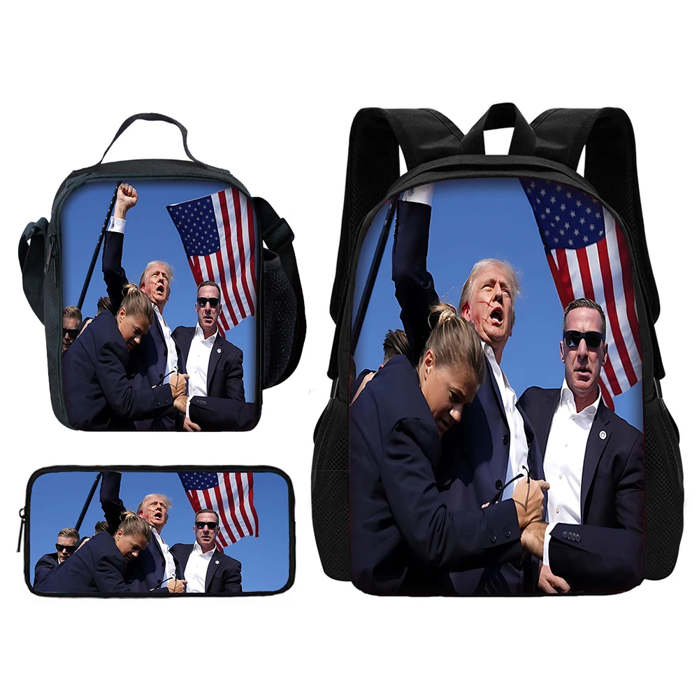 Trump 2024 Campaign Child School Backpack with Lunch Bags ,Pencil Bags ,Cartoon School Bags for Boys Girls Best Gift