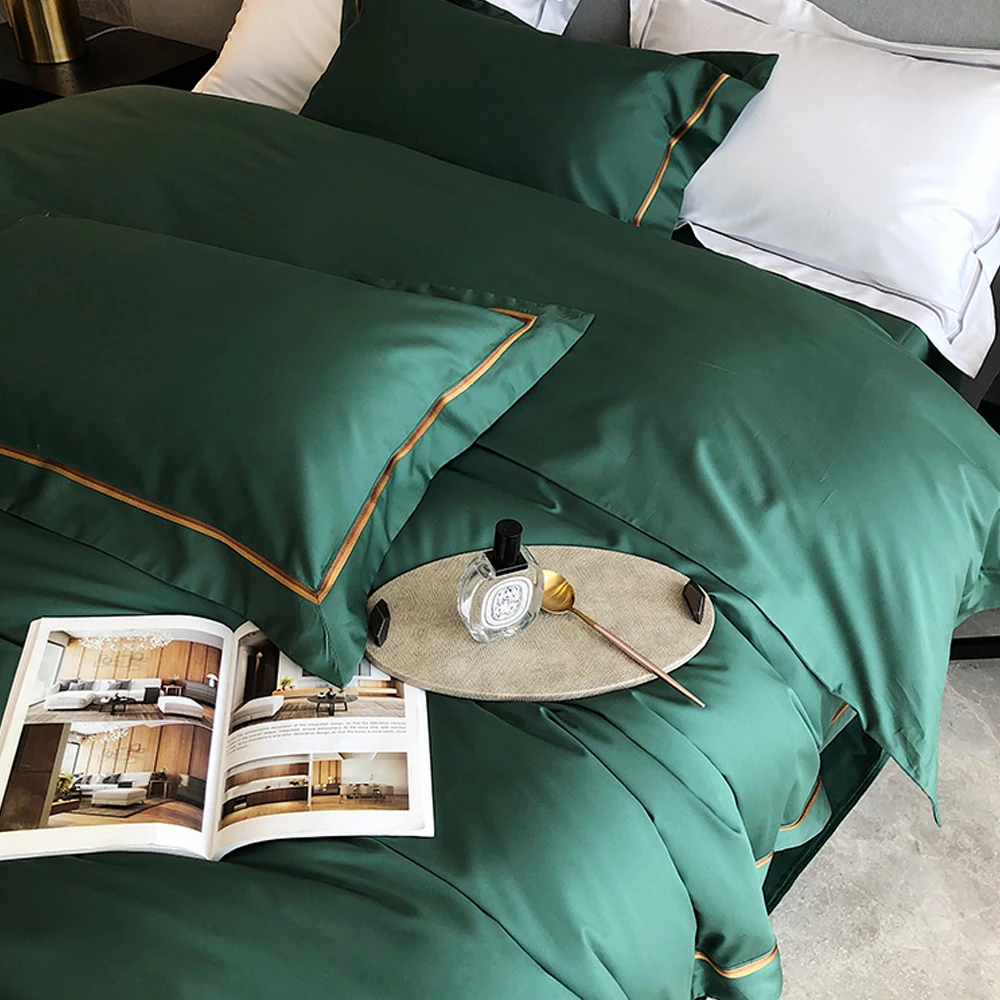 2024 New 60 Long Velvet Embroidery Striped Color Matching Four-piece Set Of Pure Cotton Luxury Bedding Can Be Customized Green