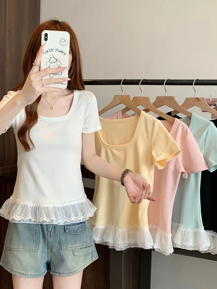 

Sweet Style Large Size Women's T-shirt Square Collar Lace Trim Short Sleeve Summer New Design Trendy Top High Waist Cotton Blend