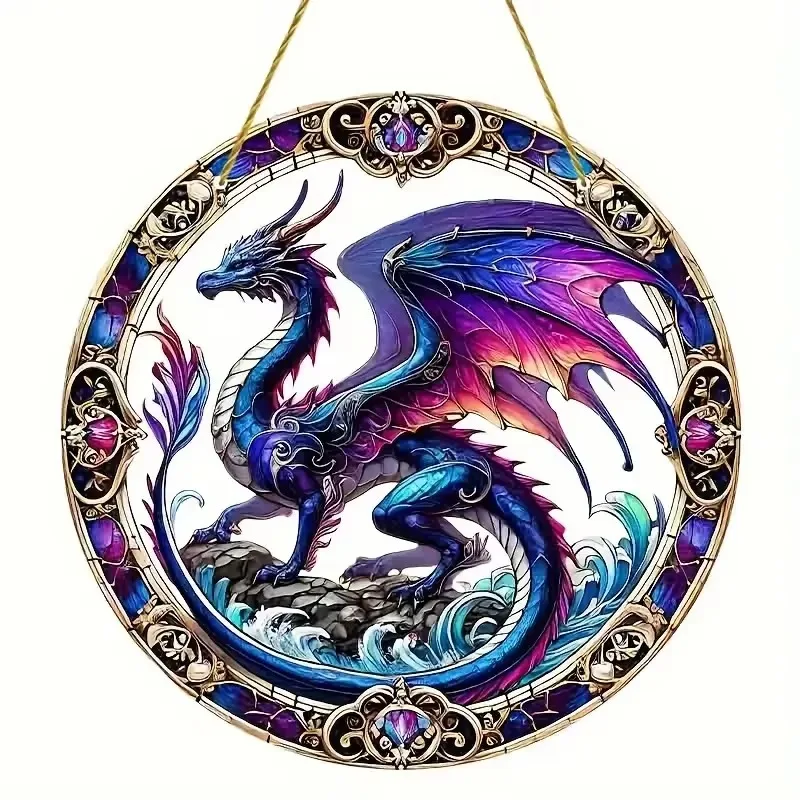 Flying Dragon Suncatcher - 2D Round Acrylic Stained Glass Window Hanging, Ideal Gift for Home, Garden, and Office Decor