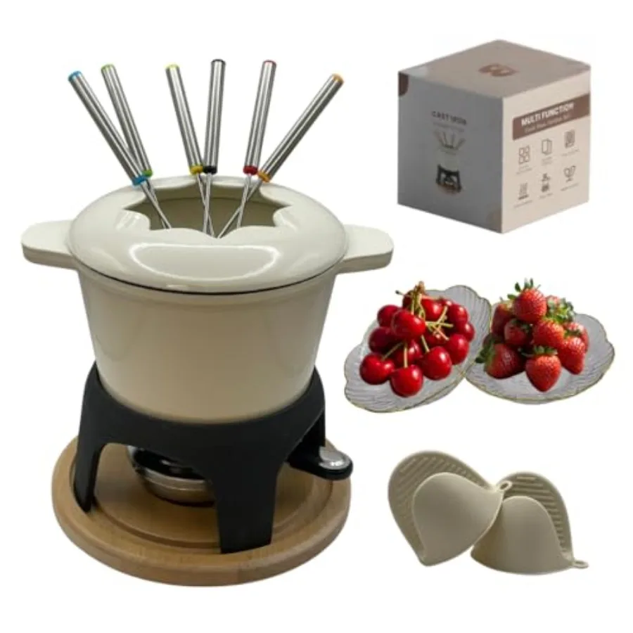 Juego de Fondue de Hierro Fundido de 15 Piezas con Accesorios para Queso Suizo, Carne, Aceite, Chocolate, Olla para Fondue No Eléctrica, Negra