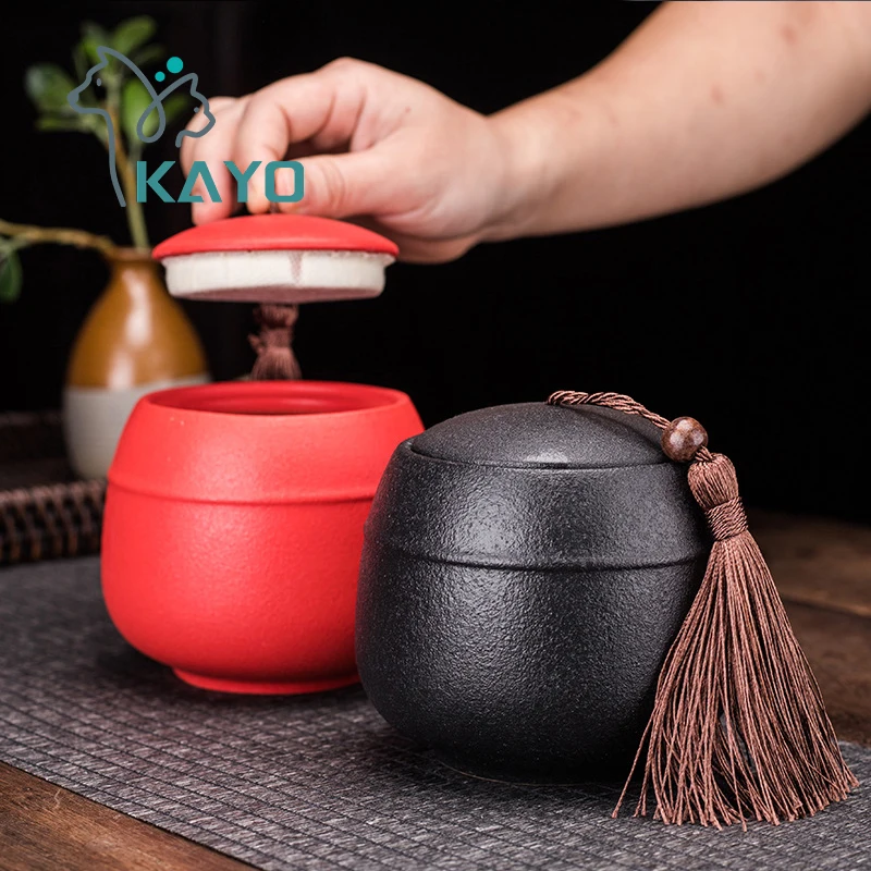 Black Ceramic Casket Coarse Memorial Container Tight Seal Urn Shelter Tomb Ashes Preserving Jar for Pet Human Keepsake Cremation