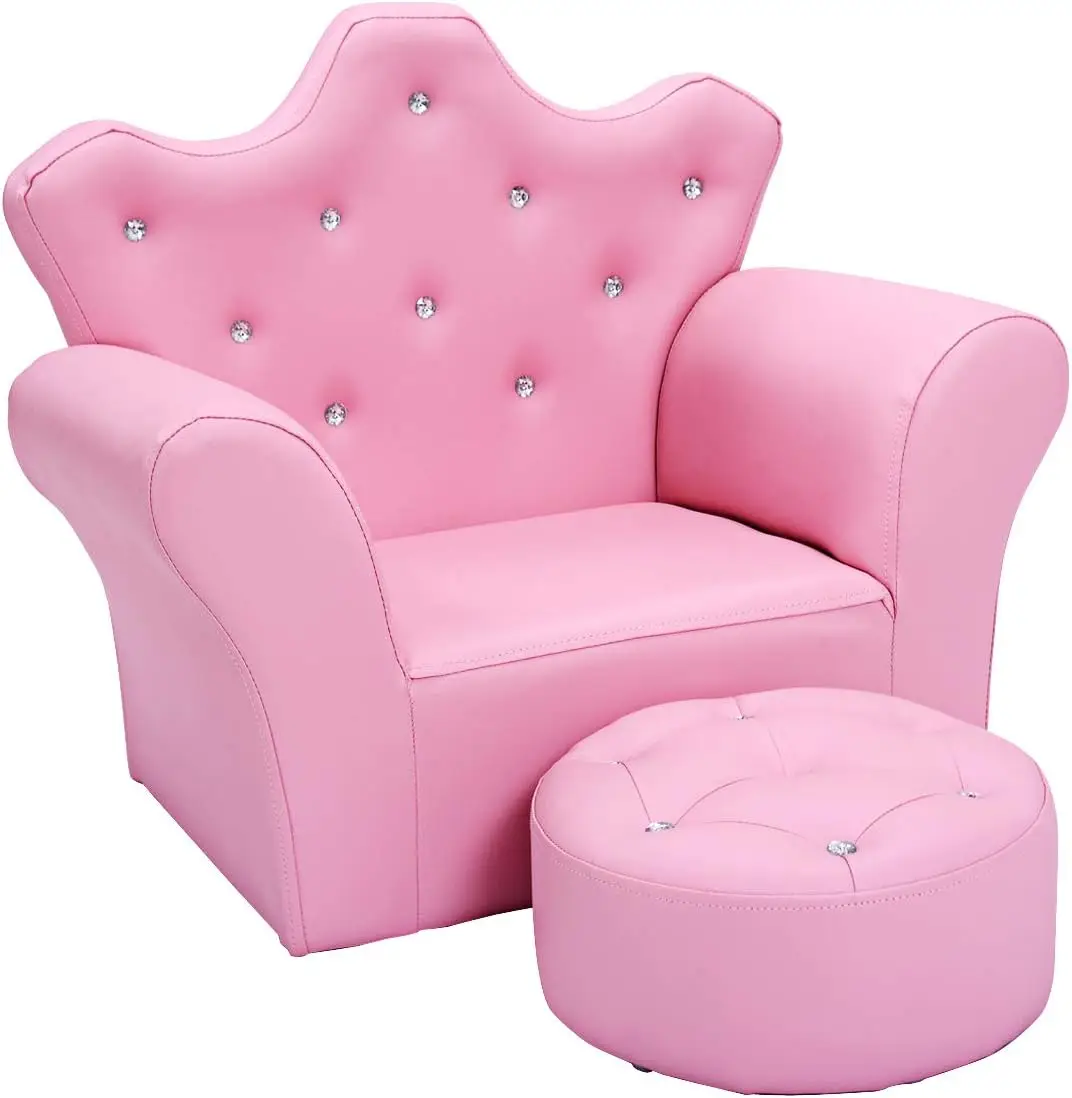

Kids Sofa, Children Upholstered Sofa with Ottoman, Princess Sofa with Diamond Decoration, Smooth PVC Leather Toddler Chair