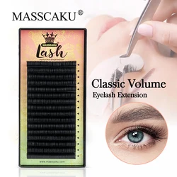 MASSCAKU 16 Rows Classic Eyelash Extension 0.05~0.20 mm C D Curl 15mm Length Individual Lash Extensions Dark Black Mink Lash