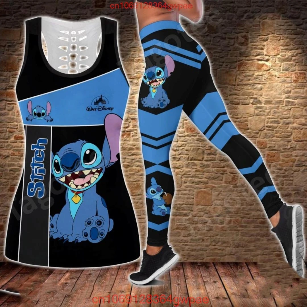 Disney Stitch Women\'s Hollow Tanktop Leggings Yoga Set Summer Fitness Leggings Tracksuit Disney Cutout Tank Top Leggings Set